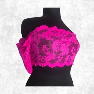 Funky Junque Hot Pink Lace Crop Top – Off Shoulder Festival Rave Sheer OS Fits 1